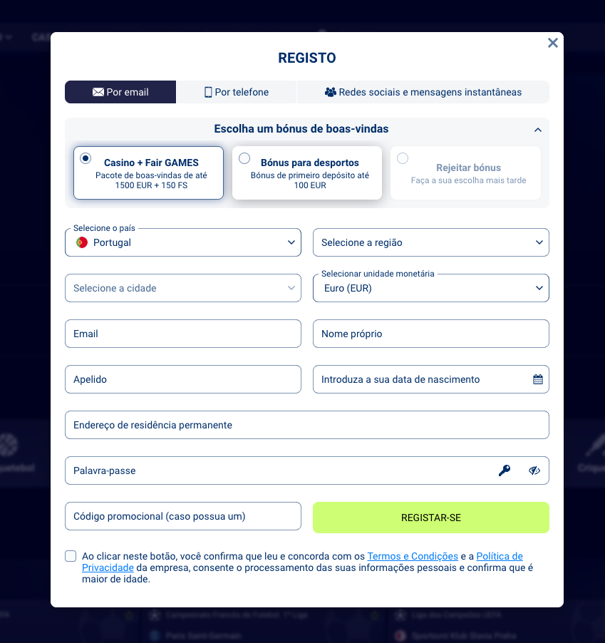 Fairpari Registo e Login